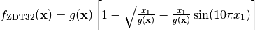 f_{\text{ZDT3}2}(\mathbf{x}) = g(\mathbf{x})\left[1 - \sqrt{\frac{x_1}{g(\mathbf{x})}} - \frac{x_1}{g(\mathbf{x})}\sin(10\pi x_1)\right]