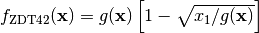 f_{\text{ZDT4}2}(\mathbf{x}) = g(\mathbf{x})\left[ 1 - \sqrt{x_1/g(\mathbf{x})} \right]