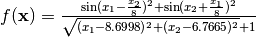 f(\mathbf{x}) = \frac{\sin(x_1 - \frac{x_2}{8})^2 +             \sin(x_2 + \frac{x_1}{8})^2}{\sqrt{(x_1 - 8.6998)^2 +             (x_2 - 6.7665)^2} + 1}
